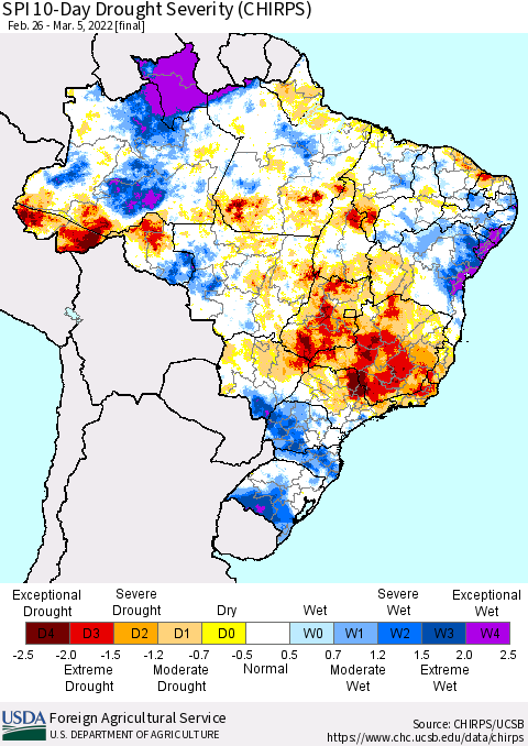 Brazil SPI 10-Day Drought Severity (CHIRPS) Thematic Map For 2/26/2022 - 3/5/2022