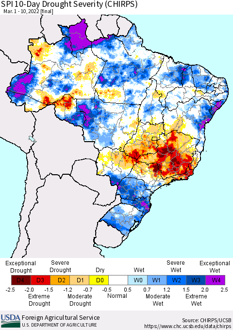 Brazil SPI 10-Day Drought Severity (CHIRPS) Thematic Map For 3/1/2022 - 3/10/2022