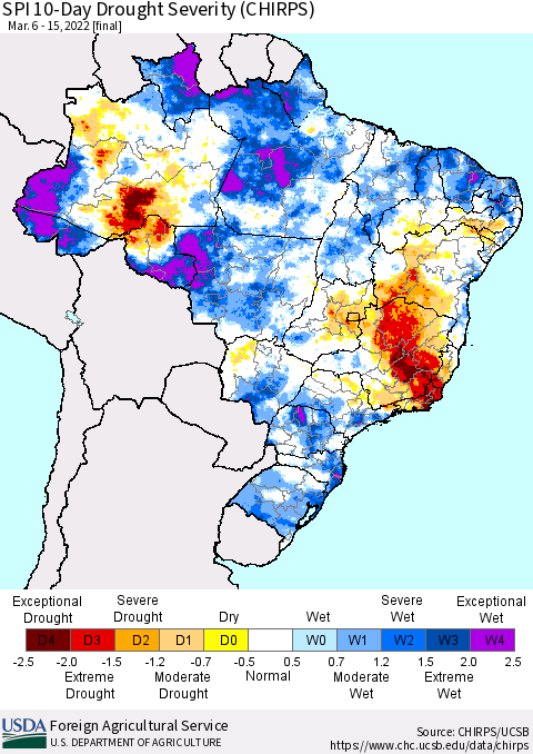 Brazil SPI 10-Day Drought Severity (CHIRPS) Thematic Map For 3/6/2022 - 3/15/2022