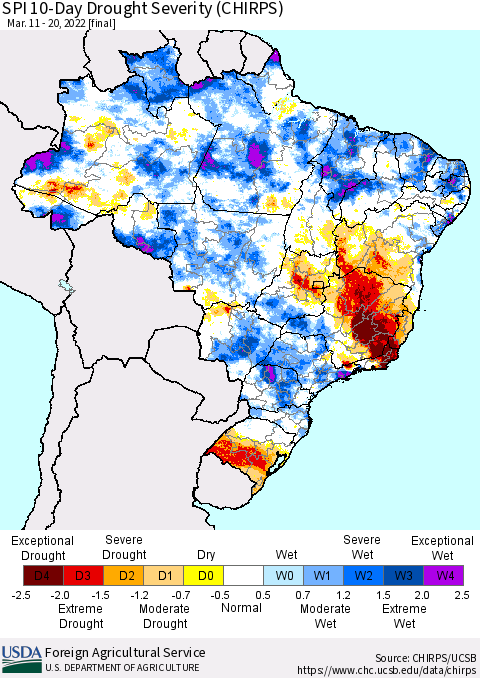 Brazil SPI 10-Day Drought Severity (CHIRPS) Thematic Map For 3/11/2022 - 3/20/2022