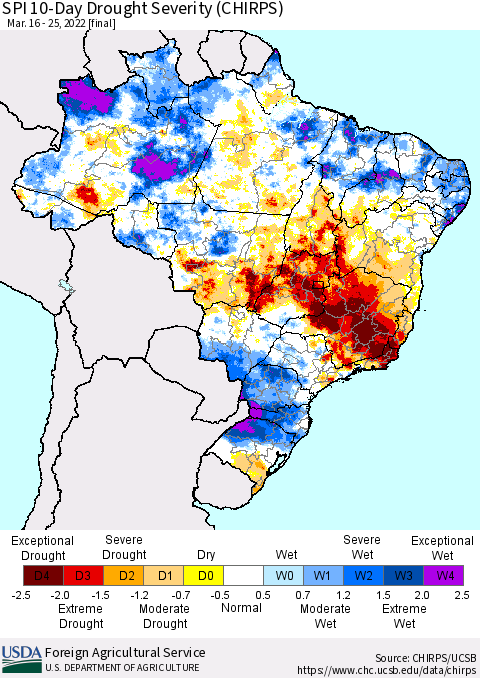Brazil SPI 10-Day Drought Severity (CHIRPS) Thematic Map For 3/16/2022 - 3/25/2022