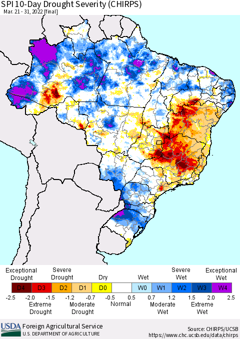 Brazil SPI 10-Day Drought Severity (CHIRPS) Thematic Map For 3/21/2022 - 3/31/2022