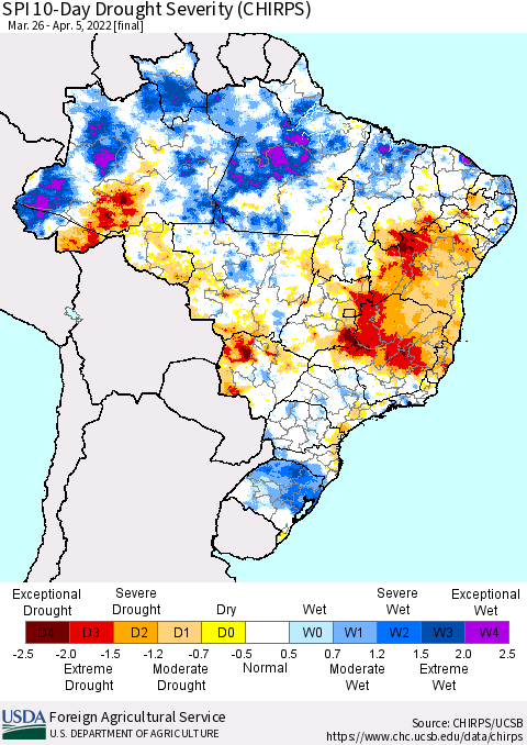 Brazil SPI 10-Day Drought Severity (CHIRPS) Thematic Map For 3/26/2022 - 4/5/2022