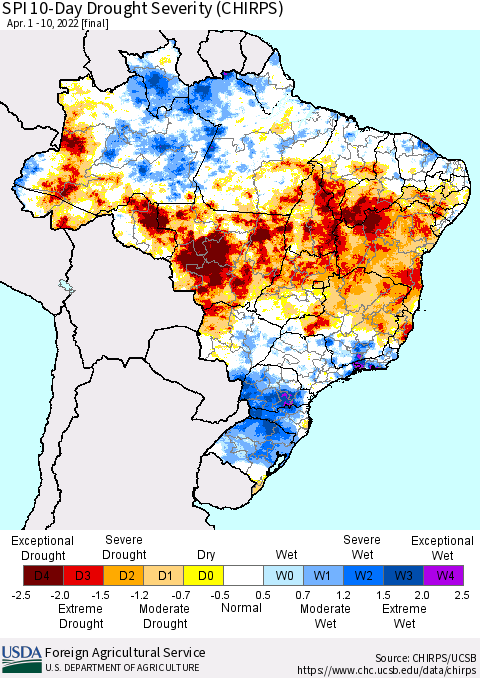 Brazil SPI 10-Day Drought Severity (CHIRPS) Thematic Map For 4/1/2022 - 4/10/2022
