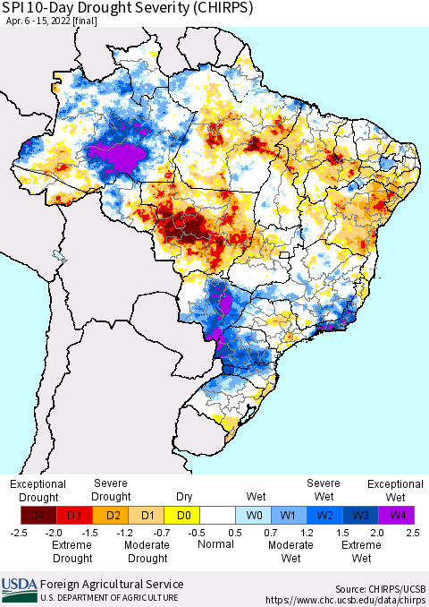 Brazil SPI 10-Day Drought Severity (CHIRPS) Thematic Map For 4/6/2022 - 4/15/2022