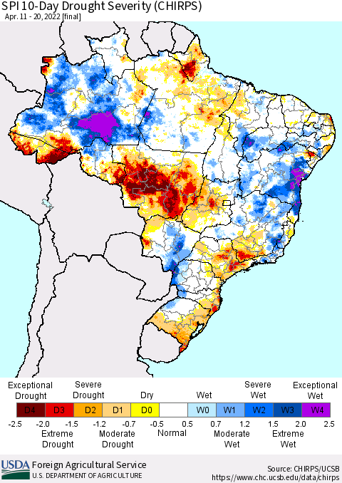 Brazil SPI 10-Day Drought Severity (CHIRPS) Thematic Map For 4/11/2022 - 4/20/2022