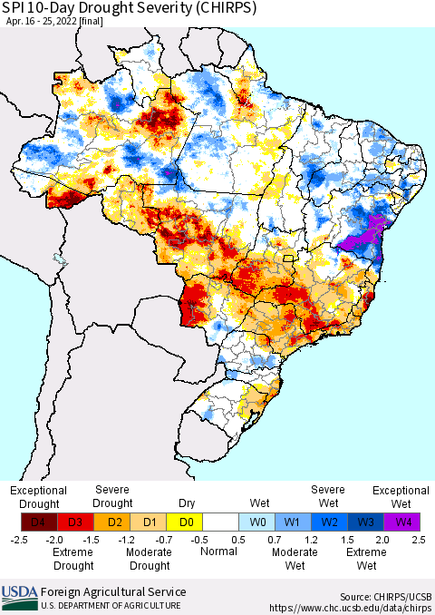 Brazil SPI 10-Day Drought Severity (CHIRPS) Thematic Map For 4/16/2022 - 4/25/2022