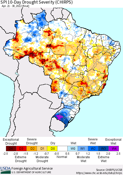Brazil SPI 10-Day Drought Severity (CHIRPS) Thematic Map For 4/21/2022 - 4/30/2022