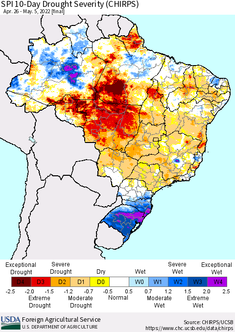 Brazil SPI 10-Day Drought Severity (CHIRPS) Thematic Map For 4/26/2022 - 5/5/2022