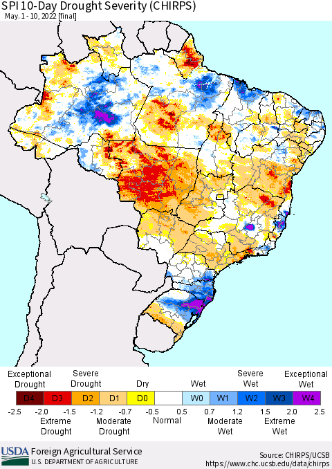 Brazil SPI 10-Day Drought Severity (CHIRPS) Thematic Map For 5/1/2022 - 5/10/2022