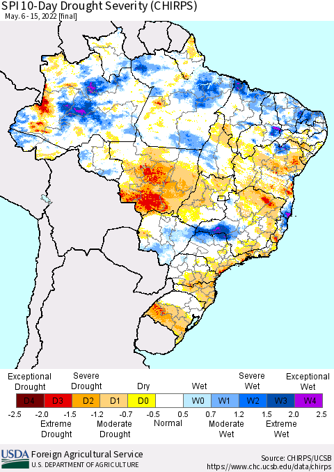 Brazil SPI 10-Day Drought Severity (CHIRPS) Thematic Map For 5/6/2022 - 5/15/2022