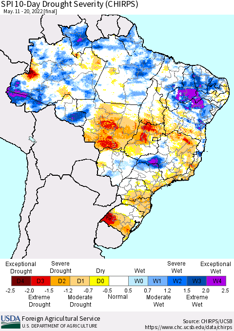 Brazil SPI 10-Day Drought Severity (CHIRPS) Thematic Map For 5/11/2022 - 5/20/2022