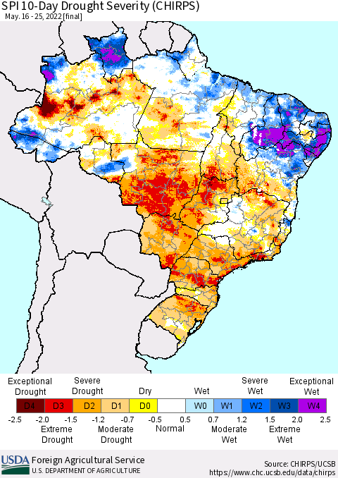 Brazil SPI 10-Day Drought Severity (CHIRPS) Thematic Map For 5/16/2022 - 5/25/2022