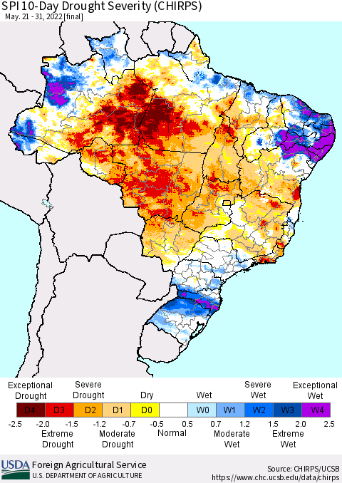 Brazil SPI 10-Day Drought Severity (CHIRPS) Thematic Map For 5/21/2022 - 5/31/2022