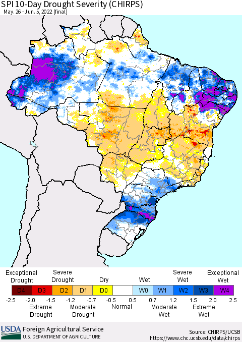 Brazil SPI 10-Day Drought Severity (CHIRPS) Thematic Map For 5/26/2022 - 6/5/2022