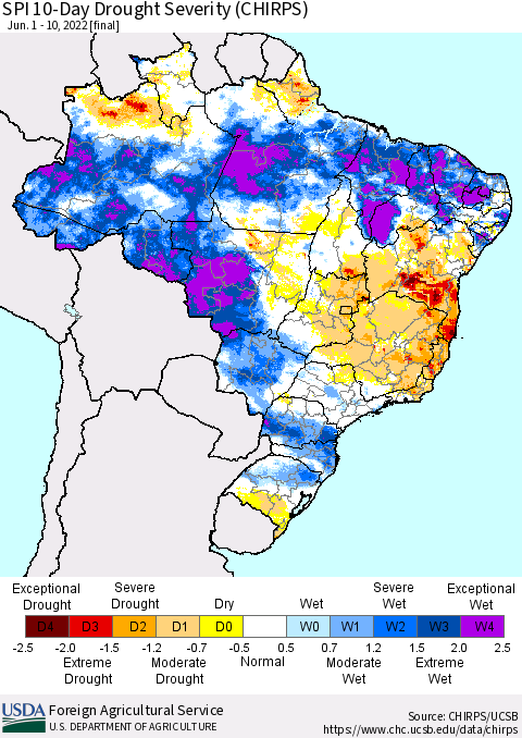 Brazil SPI 10-Day Drought Severity (CHIRPS) Thematic Map For 6/1/2022 - 6/10/2022