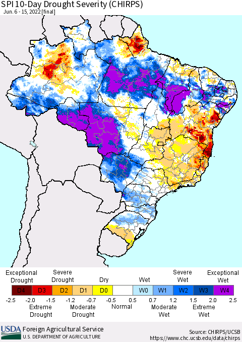 Brazil SPI 10-Day Drought Severity (CHIRPS) Thematic Map For 6/6/2022 - 6/15/2022