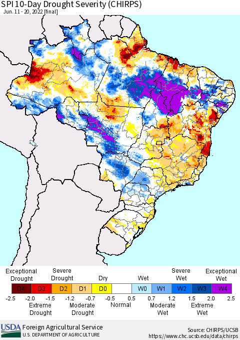 Brazil SPI 10-Day Drought Severity (CHIRPS) Thematic Map For 6/11/2022 - 6/20/2022