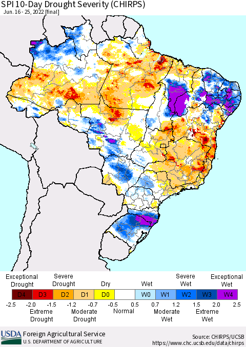 Brazil SPI 10-Day Drought Severity (CHIRPS) Thematic Map For 6/16/2022 - 6/25/2022