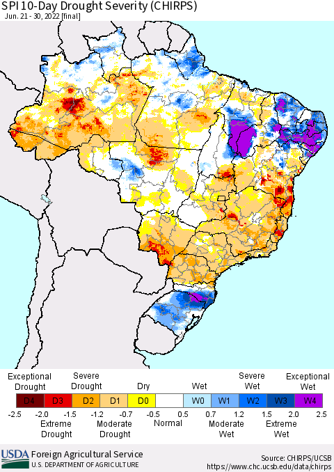 Brazil SPI 10-Day Drought Severity (CHIRPS) Thematic Map For 6/21/2022 - 6/30/2022