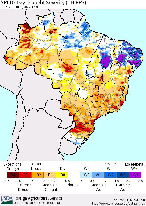 Brazil SPI 10-Day Drought Severity (CHIRPS) Thematic Map For 6/26/2022 - 7/5/2022