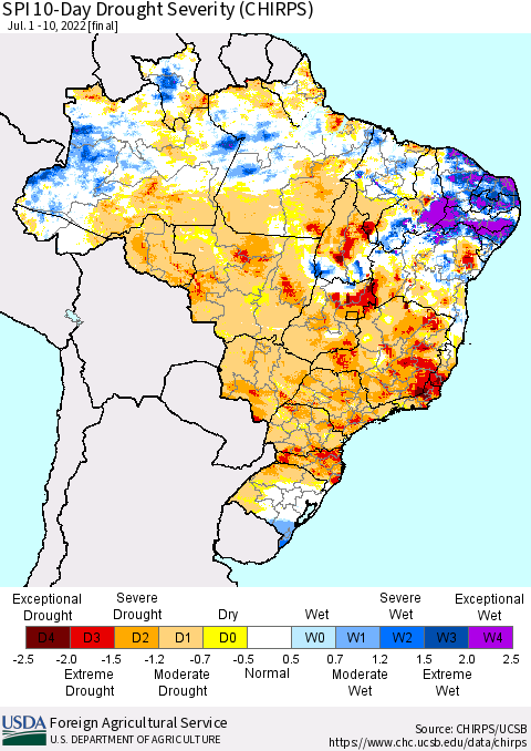 Brazil SPI 10-Day Drought Severity (CHIRPS) Thematic Map For 7/1/2022 - 7/10/2022