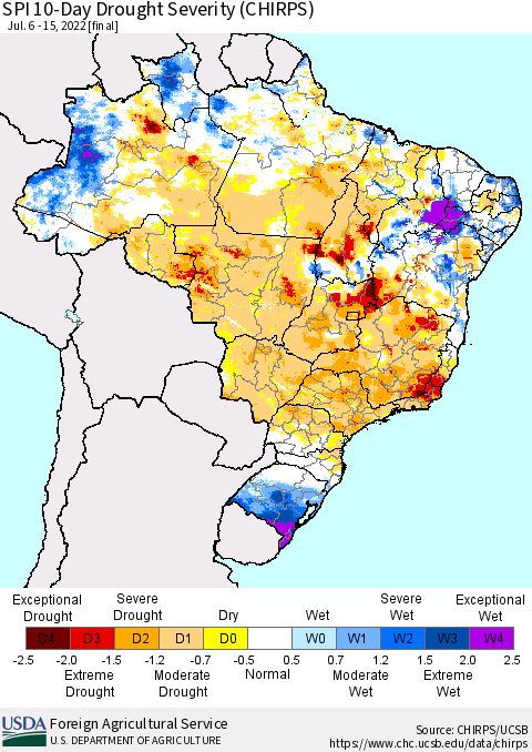 Brazil SPI 10-Day Drought Severity (CHIRPS) Thematic Map For 7/6/2022 - 7/15/2022