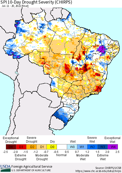 Brazil SPI 10-Day Drought Severity (CHIRPS) Thematic Map For 7/11/2022 - 7/20/2022