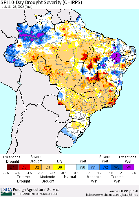 Brazil SPI 10-Day Drought Severity (CHIRPS) Thematic Map For 7/16/2022 - 7/25/2022