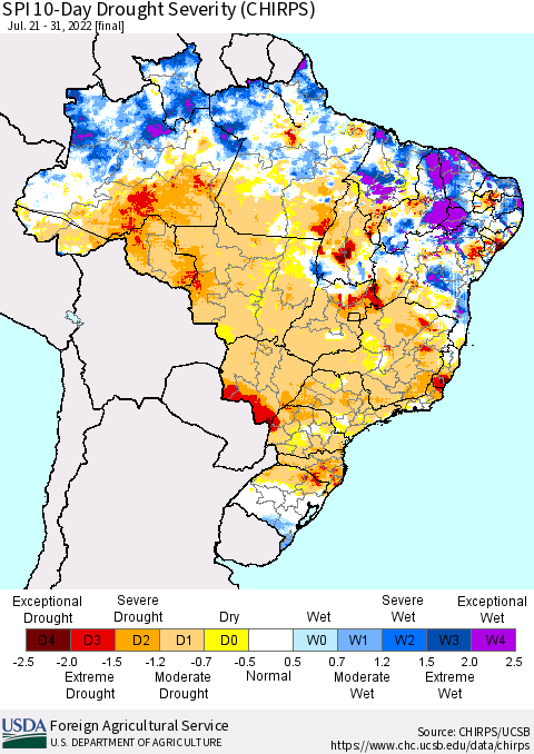Brazil SPI 10-Day Drought Severity (CHIRPS) Thematic Map For 7/21/2022 - 7/31/2022