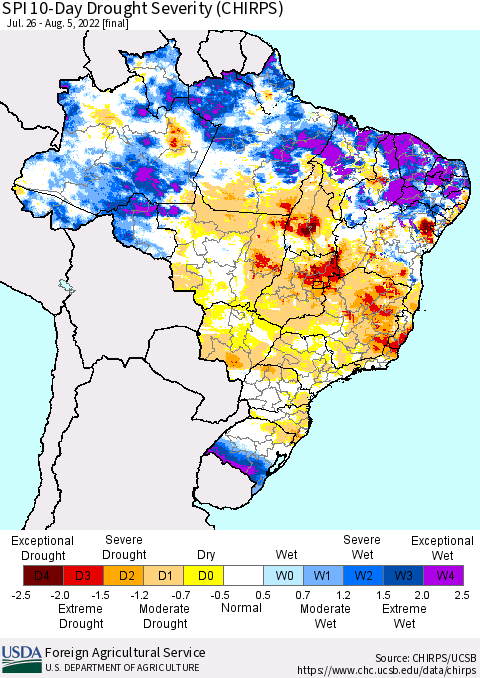 Brazil SPI 10-Day Drought Severity (CHIRPS) Thematic Map For 7/26/2022 - 8/5/2022