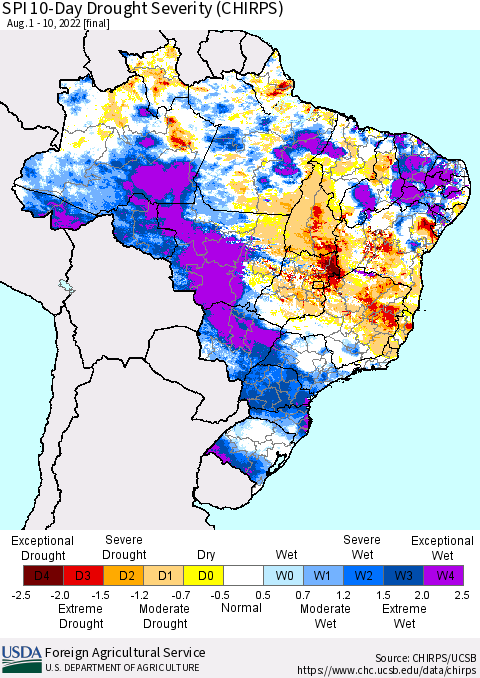 Brazil SPI 10-Day Drought Severity (CHIRPS) Thematic Map For 8/1/2022 - 8/10/2022