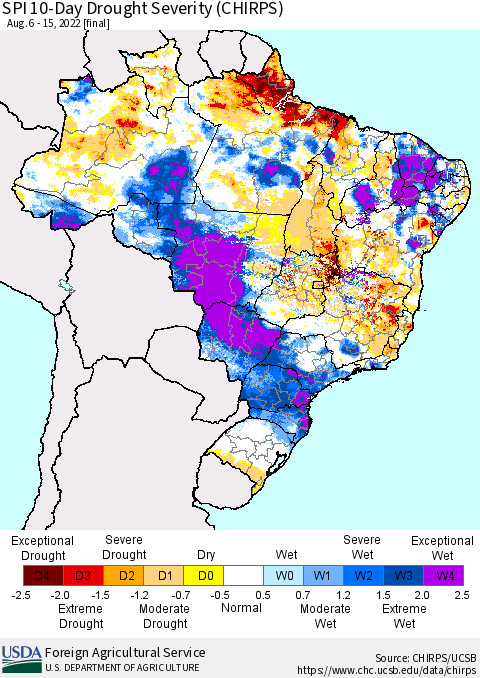 Brazil SPI 10-Day Drought Severity (CHIRPS) Thematic Map For 8/6/2022 - 8/15/2022