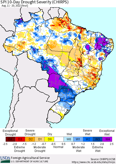 Brazil SPI 10-Day Drought Severity (CHIRPS) Thematic Map For 8/11/2022 - 8/20/2022