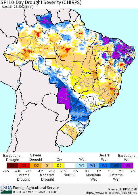 Brazil SPI 10-Day Drought Severity (CHIRPS) Thematic Map For 8/16/2022 - 8/25/2022