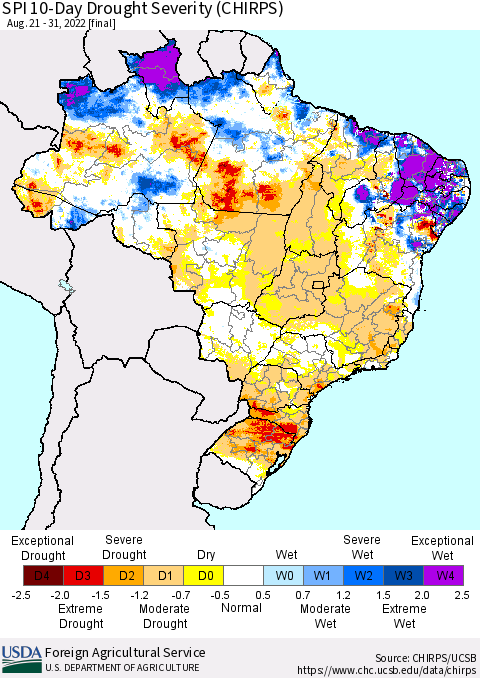 Brazil SPI 10-Day Drought Severity (CHIRPS) Thematic Map For 8/21/2022 - 8/31/2022