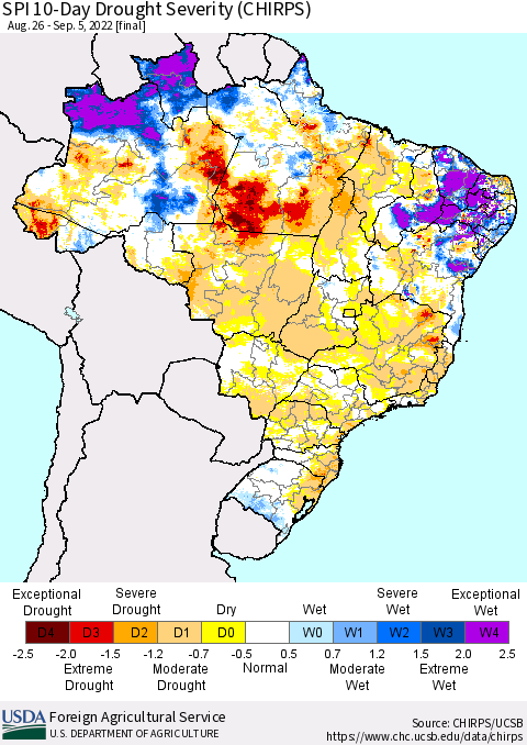 Brazil SPI 10-Day Drought Severity (CHIRPS) Thematic Map For 8/26/2022 - 9/5/2022
