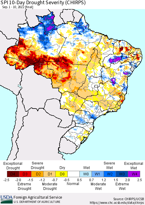 Brazil SPI 10-Day Drought Severity (CHIRPS) Thematic Map For 9/1/2022 - 9/10/2022