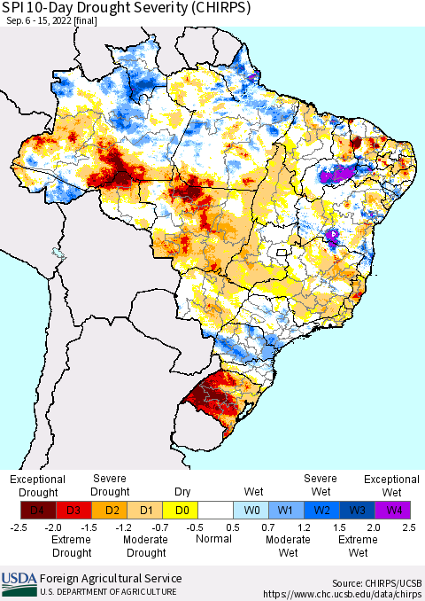 Brazil SPI 10-Day Drought Severity (CHIRPS) Thematic Map For 9/6/2022 - 9/15/2022