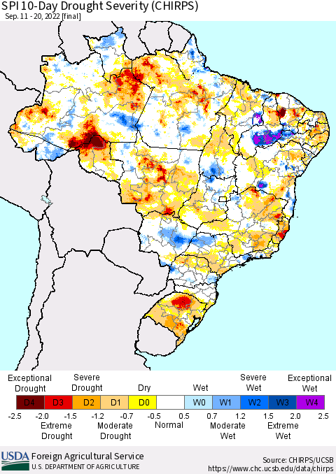 Brazil SPI 10-Day Drought Severity (CHIRPS) Thematic Map For 9/11/2022 - 9/20/2022