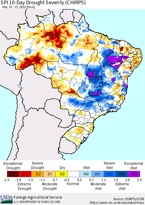 Brazil SPI 10-Day Drought Severity (CHIRPS) Thematic Map For 9/16/2022 - 9/25/2022