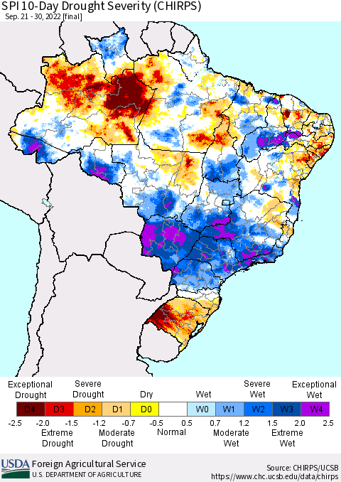 Brazil SPI 10-Day Drought Severity (CHIRPS) Thematic Map For 9/21/2022 - 9/30/2022
