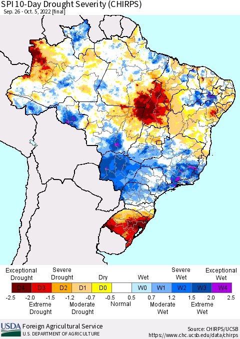 Brazil SPI 10-Day Drought Severity (CHIRPS) Thematic Map For 9/26/2022 - 10/5/2022