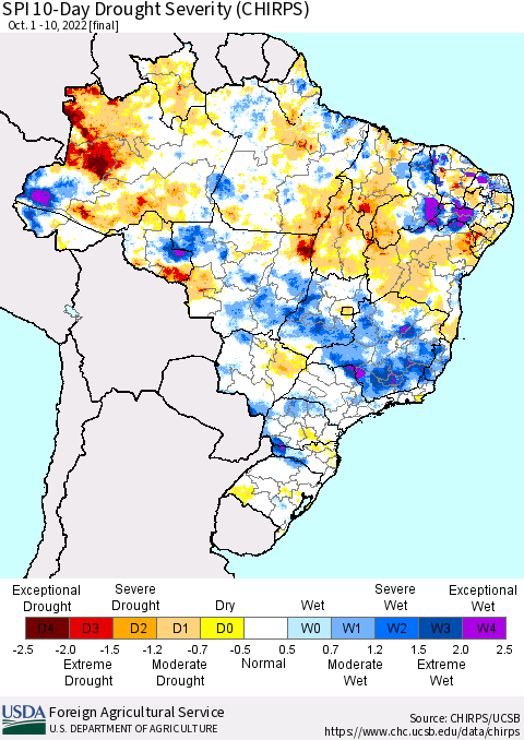 Brazil SPI 10-Day Drought Severity (CHIRPS) Thematic Map For 10/1/2022 - 10/10/2022