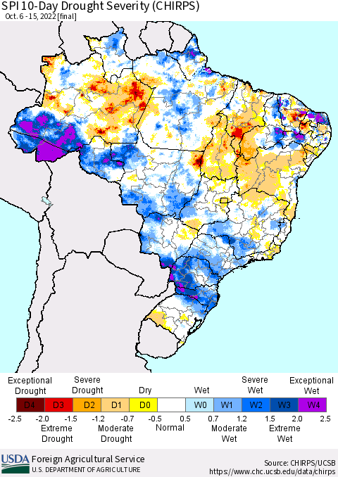 Brazil SPI 10-Day Drought Severity (CHIRPS) Thematic Map For 10/6/2022 - 10/15/2022