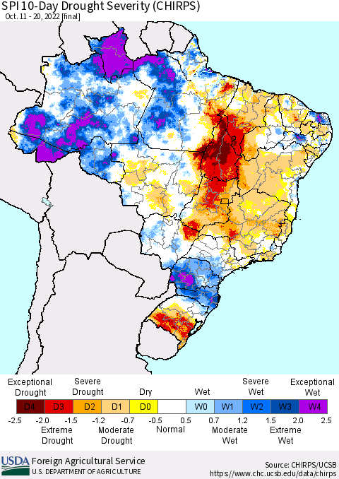 Brazil SPI 10-Day Drought Severity (CHIRPS) Thematic Map For 10/11/2022 - 10/20/2022