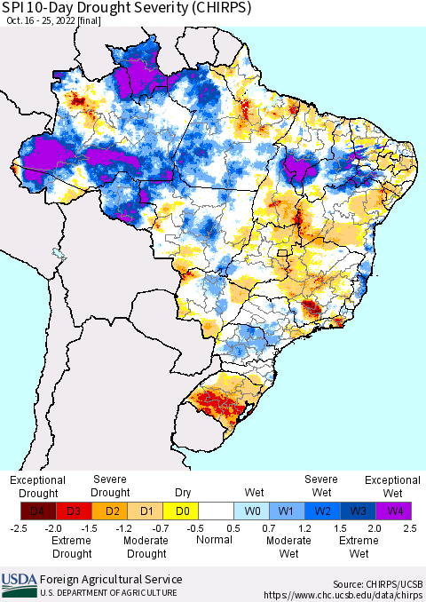 Brazil SPI 10-Day Drought Severity (CHIRPS) Thematic Map For 10/16/2022 - 10/25/2022