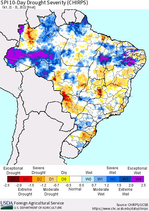 Brazil SPI 10-Day Drought Severity (CHIRPS) Thematic Map For 10/21/2022 - 10/31/2022