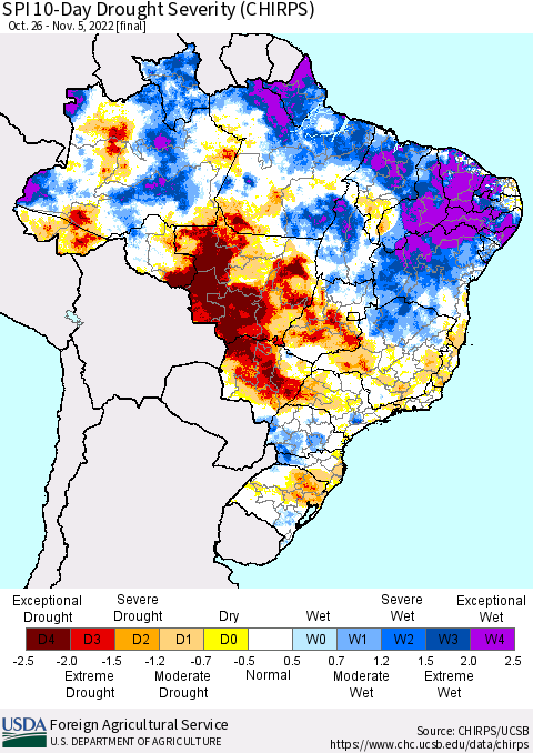 Brazil SPI 10-Day Drought Severity (CHIRPS) Thematic Map For 10/26/2022 - 11/5/2022