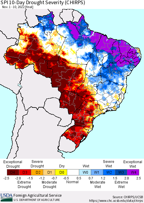 Brazil SPI 10-Day Drought Severity (CHIRPS) Thematic Map For 11/1/2022 - 11/10/2022